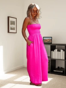 Womens Sleeveless Strapless Wide Leg Jumpsuits Summer Casual Loose Smocked Chiffon Jumpsuit Rompers With Pockets - 玫紅色 - 查看 6