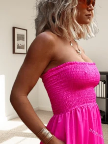 Womens Sleeveless Strapless Wide Leg Jumpsuits Summer Casual Loose Smocked Chiffon Jumpsuit Rompers With Pockets - 玫紅色 - 查看 3