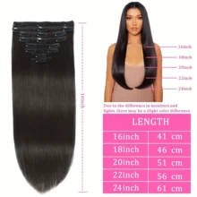 Real Human Hair Clip In Hair Extensions 8Pcs Human Hair Clip In Extensions Straight Remy Human Hair Extensions Clip Ins For Women Double Weft 16-24Inch - Natural Black - 查看 3