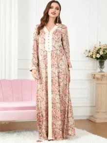 Váy bó ren tối giản đóng dấu vàng của người Hồi giáo xuất khẩu từ Châu Âu và Mỹ, Quần áo phụ nữ Dubai - Hồng - Xem 5