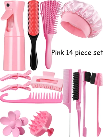 Juego de 14 piezas de herramientas para el cabello, con botella rociadora y gorro para dormir, juego de cepillos rizadores, nueve filas de peines, peines de dientes anchos con gancho, peines de cola, peines de doble cabeza, peines de masaje, 1 pieza/3 piezas de pasadores de pelo de ocho garras de caimán que hacen que el cabello sea talla grande fácil y rápido de peinar en el día del champú, adecuado para cabello natural, rosa, negro, púrpura adecuado para todo el cabello mojado y seco, secador de pelo, accesorios para el cabello, productos para el cabello, herramientas para el cabello, cosas para el cabello, cuidado del cabello, cepillo para cabello rizado, barbero, accesorios de barbero, equipo de peluquería, artículos esenciales de viaje, artículo esencial de viaje, peinado, peluquería, cabello, viaje, productos para el cabello, herramientas para el cabello, cosas para el cabello, barbero, accesorios de barbero, barbería, equipo de peluquería