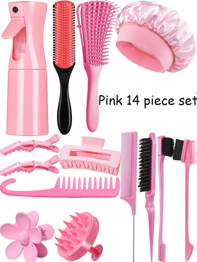 Juego de 14 piezas de herramientas para el cabello, con botella rociadora y gorro para dormir, juego de cepillos rizadores, nueve filas de peines, peines de dientes anchos con gancho, peines de cola, peines de doble cabeza, peines de masaje, 1 pieza/3 piezas de pasadores de pelo de ocho garras de caimán que hacen que el cabello sea talla grande fácil y rápido de peinar en el día del champú, adecuado para cabello natural, rosa, negro, púrpura adecuado para todo el cabello mojado y seco, secador de pelo, cepillo de pelo, barbero, accesorios de barbero, equipo de peluquería, peinado, peluquería, barbero, accesorios de barbero, barbería, equipo de peluquería