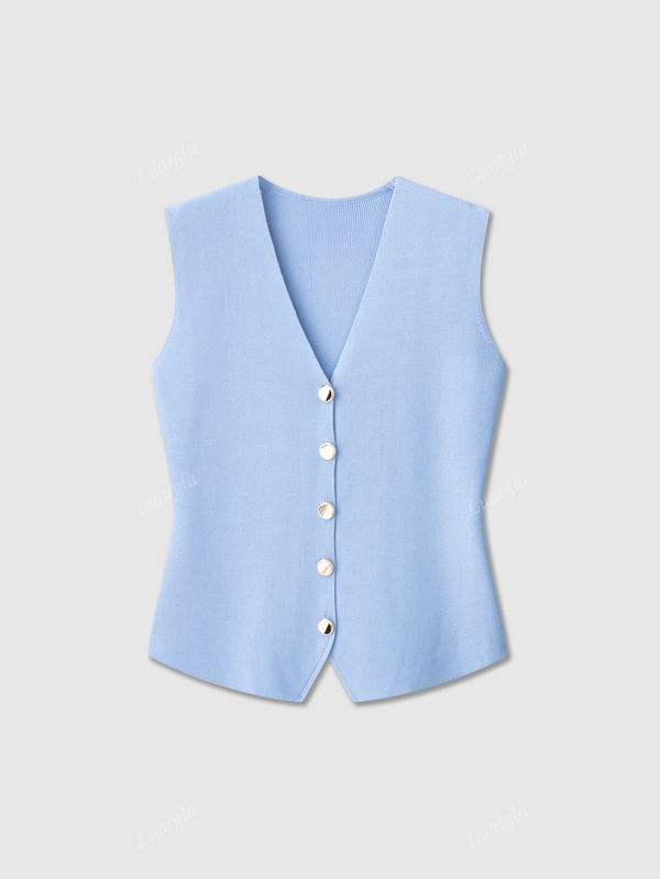 Chaleco sin mangas de punto de escote en V liso para mujer