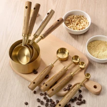 8pcs Stainless Steel Measuring Cups And Spoons With Acacia Wood Handles, Featuring Metric And Imperial Markings, Durable Kitchen Baking Tools Including A Spice Spoon And Coffee Scoop, Nesting Design For Easy Storage, Suitable For Baking, Cooking, And Cocktail Making