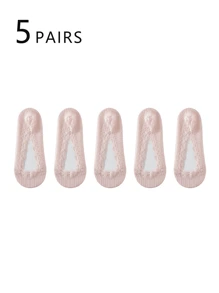 5 pares de calcetines bajos de encaje para mujer. Son calcetines invisibles y transpirables, adecuados para las temporadas de primavera y verano. Con silicona antideslizante, no se deslizarán de los talones. Muy adecuados para el uso diario, combinando con bailarinas y tacones altos.