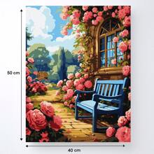 nerd hunters Kit de peinture par numéros avec cadre en bois - Jardin de roses avec banc bleu - canevas de 50x40 cm - Set de peinture DIY pour jardin de cottage romantique