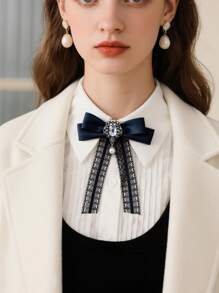 1 pieza Corbata de moño estilo británico retro, broche decorativo con cinta de encaje y borla para camisa, vestido, cuello de abrigo, accesorio de moda para mujer, unicolor de poliéster