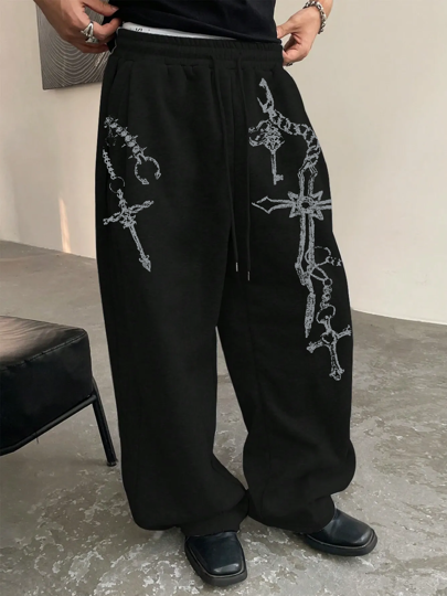 Herren Jogginghose mit Schlüssel-Muster, gerade geschnitten, locker sitzend Ganzjahres Unisex Streetwear Freizeithose, bequem, für Rave