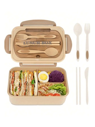 1 st 1200 ml vuxen bentoboxset med bestick och läckagesäkert lock, behållare för män och kvinnor, mikrovågsugn och diskmaskinsvänlig, lunchbehållare med 3 fack (med kniv, gaffel, sked och ätpinnar), skolmaterial, skolstart, kök, julklapp