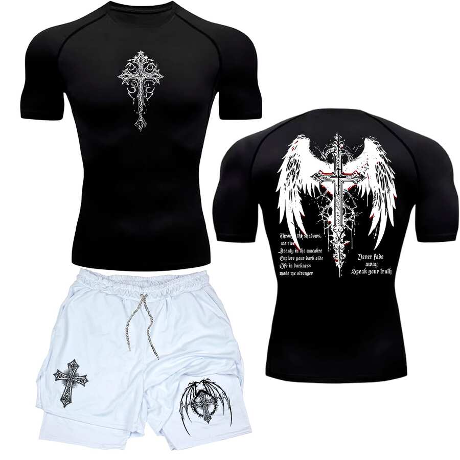 Men's Gym Sports Kit Compression Shirt And Shorts Never Fade Away Wings Gothic Angel Dark Crucifix Gym - Quần short đen/trắng - Xem 1