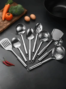 7/9 Pcs Cooking Utensils Set, Stainless Steel Kitchen Utensils, Heat Resistant Metal Kitchen Tools Include Solid & Slotted Turner Wok Spatula, Serving Spoon, Ergonomic Handle, Easy To Clean - 9pcs - View 3
