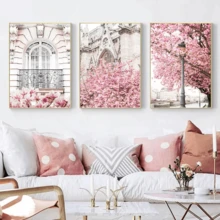 3 Piezas Pintura en lienzo de paisaje primaveral de París con flores de cerezo, rosas y peonías, póster de imagen romántica, obra de arte decorativa enmarcada - Rojo y blanco - Ver 16