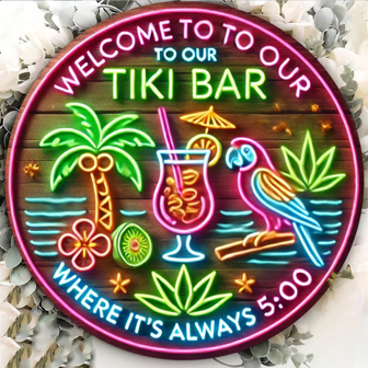 1 st. Välkommen till vår Tiki Bar "Rund metallskylt - 20x20 cm, UV- och reptålig, lätt att hänga upp inomhus- och utomhusdekoration