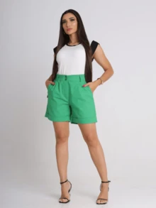WOMEN'S LINEN SHORTS WITH POCKETS AND FOLDED UP HEM, AND COMFORT - 綠色 - 查看 1