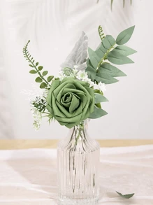 40Pcs/6Pcs Green Roses With Leaves Fake Flowers Real Touch Faux Roses Eucalyptus Leaves For Wedding Flower Bouquet Centerpiece Home Room Office Decoration, Artificial Flowers With Stems Plastic Plants Simulation Flowers For Flower Floral Arrangement