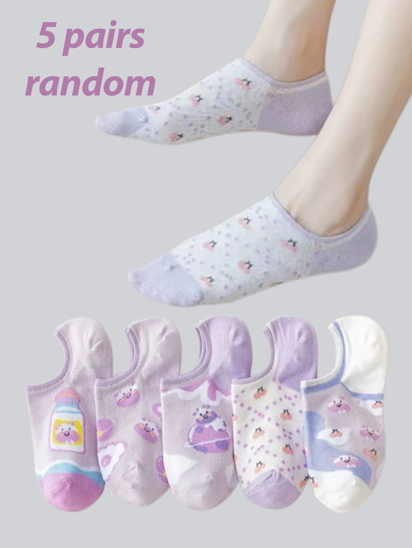 1-5 Pares Meias Curtas de Tornozelo Sweet Cow Print para Mulheres, Adequadas para Uso no Verão