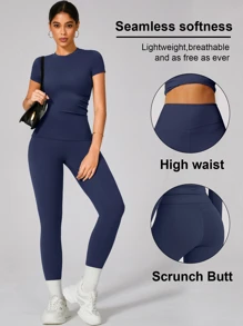 Set aus Damen feuchtigkeitsableitendem Rundhals-Oberteil und Fitnesshose, für Frühling/Sommer