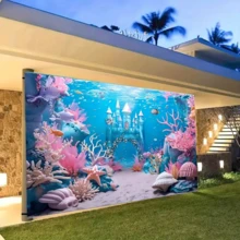 1 pieza Fondo fotográfico del mundo submarino - Fondo versátil de castillo subacuático y arrecife de coral para tema de sirena, fiesta de cumpleaños y decoración de eventos, mantel, cortinas, sin electricidad requerida, primavera/verano