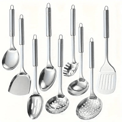 Juego de 7/9 utensilios de cocina, utensilios de cocina de acero inoxidable, herramientas de cocina de metal resistentes al calor que incluyen espátula ranurada y sólida, espátula para wok, cuchara de servir, mango ergonómico, fácil de limpiar