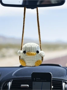 手工钩编动物汽车挂件 - 可爱鸭子和青蛙秋千装饰，适用于后视镜，柔软纱线手工编织，独特创意内饰配件，易于悬挂在后视镜上，多种款式可选，卡通动物汽车装饰礼品