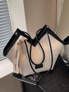 New Fashion All-Match New Contrast Color Design Indentation Design Large Capacity Double Handle Shoulder Tote Bag Suitable For Travel Shopping Commuting To Work With Scarf Decoration Design, Ladies Elegant Wallet, Business Commuter Wallet - View 2