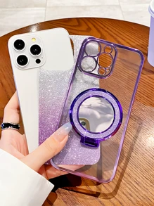 Luxury Electroplated Phone Case With Cycle Ring Magnetic Stand Holder, Built-In Makeup Mirror, Rhinestone Glitter Sparkle Y2k Style, Summer New Fashion Silicone Shockproof Protective Soft Cover Compatible With IPhone 16 16e 15 14 13 12 11 X XS XR 8 7 Plus Pro Max Mini, Samgsung Galaxy S24 S25 Ultra, Compatible With Xiaomi Redmi, Compatible With Huawei Honor OPPO Reno MOTO Infinix Women 2025 Waterproof Anti-Fall Scratch Resistant