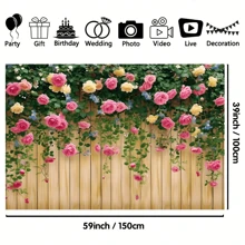 1 قطعة، خلفية جدارية بالزهور، خلفية ربيعية، خلفية تصوير فوتوغرافي بالزهور الربيعية، خلفية تصوير ألواح خشبية بنية مع جدار زهور، حفلة عيد ميلاد، زفاف، تعميد، خلفية تصوير فوتوغرافي