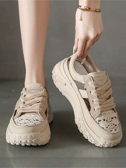 （建议选大一码）女士卡其色真皮运动鞋，新款户外厚底坡跟休闲鞋，时尚百搭度假风，学生户外徒步透气网面一脚蹬凉鞋，女士坡跟厚底鞋