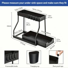 Under Sink Organizers And Storage, 2-Tier Sliding Cabinet Basket Organizer With Hooks, Multi-Purpose Under Sink Organizers And Storage For Bathroom Kitchen - Black - View 15