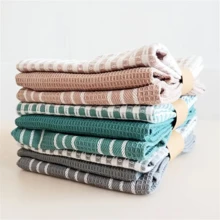 3pc Set Soft Absorbent Kitchen Towels - Large Durable Waffle Weave Dishcloth, Solid Green With Plaid & Striped Pattern, Easy To Clean And Dry - Great For Cooking, Baking, And Tea Time - Multicolor - View 2