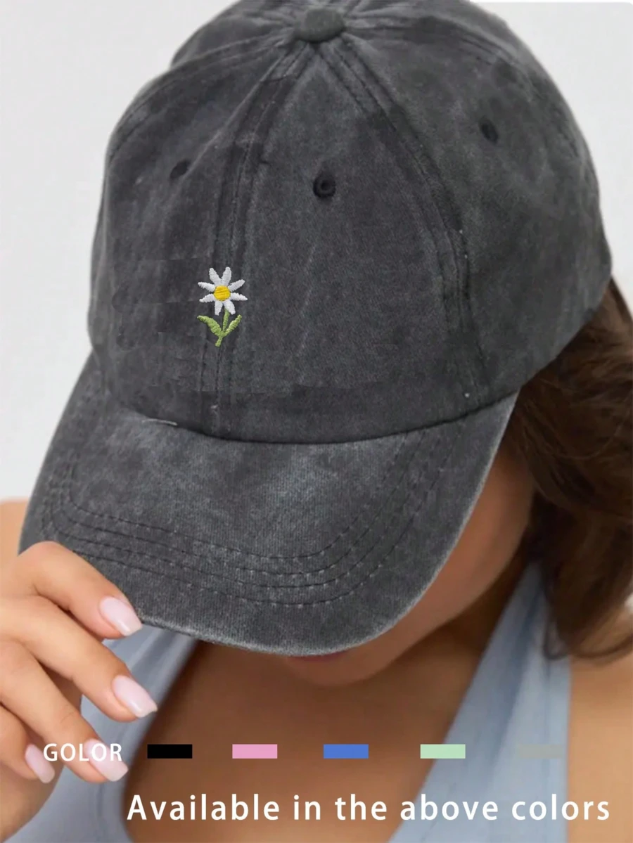 1pc Unisex Embroidered Daisy Washed Baseball Cap, Lightweight Breathable Adjustable Sun Protection Sports Hat Suitable For Spring, Autumn Outdoor Activities Like Travel, Hiking, Cycling - Embroidery - View 1