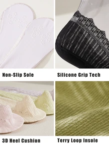 5 pares de calcetines bajos de encaje para mujer. Son calcetines invisibles y transpirables, adecuados para las temporadas de primavera y verano. Con silicona antideslizante, no se deslizarán de los talones. Muy adecuados para el uso diario, combinando con bailarinas y tacones altos.