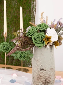 40Pcs/6Pcs Green Roses With Leaves Fake Flowers Real Touch Faux Roses Eucalyptus Leaves For Wedding Flower Bouquet Centerpiece Home Room Office Decoration, Artificial Flowers With Stems Plastic Plants Simulation Flowers For Flower Floral Arrangement