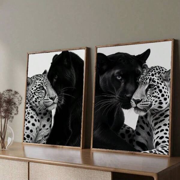 1/2pcs Stylish Wall Art Picture Leopard Roar Canvas Prints Paintings Chic Contemporary Poster Black And White Decor For Bedroom, Living Room, Or Office,Dorm Wall Decor Unframed