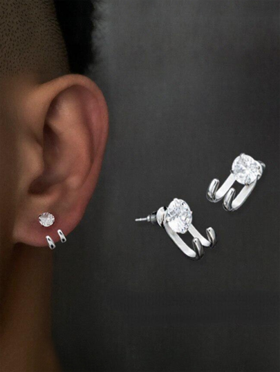 2pcs/Set Stainless Steel Round Shaped Double Prongs Cubic Zirconia Stud Earrings For Men