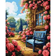 nerd hunters Kit de peinture par numéros avec cadre en bois - Jardin de roses avec banc bleu - canevas de 50x40 cm - Set de peinture DIY pour jardin de cottage romantique
