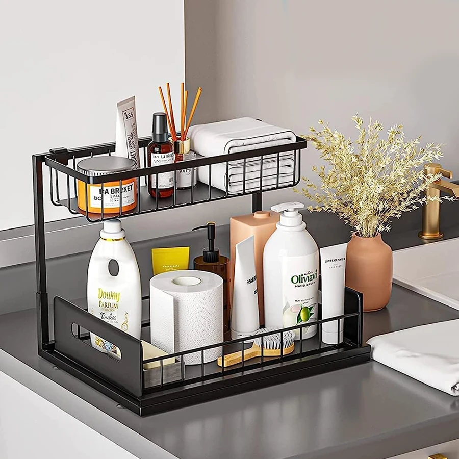 2 Tier Pull Out Basket Kitchen Under Sink Cupboard Organiser Drawer Storage Rack