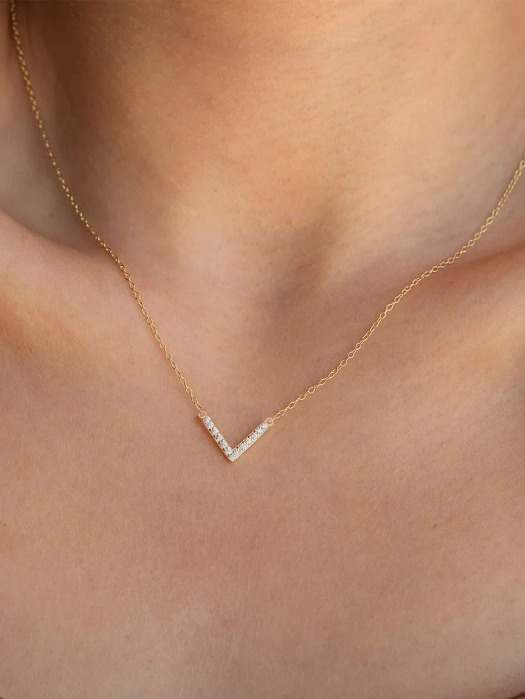 Biokia 1pce V Collarbone Necklace With Rhinestone Simple & Elegant Stainless Steel - Gold - View 2