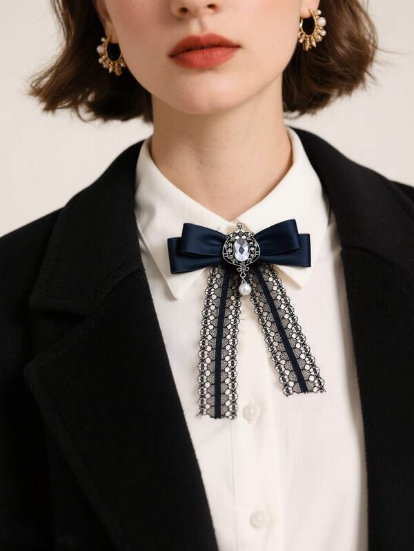 1 pieza Corbata de moño estilo británico retro, broche decorativo con cinta de encaje y borla para camisa, vestido, cuello de abrigo, accesorio de moda para mujer, unicolor de poliéster