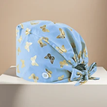 1 件女士涤纶箔蝴蝶印花工作帽/护士帽，抗菌防尘，可调节弹性后带，吸汗带衬里，口罩绳钩，适合医生、护士、美容师、兽医和清洁/家政服务