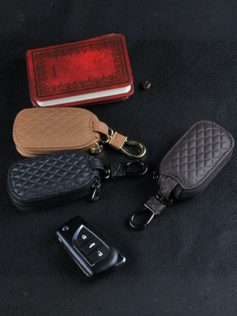 1pc Universal Key Fob Cover Car Key Case Protector, PU Leather Car Keychain Holder Metal Hook Key Ring Zipper Bag For Remote Key Fob, Stylish Key Accessory, Car Key Case Car Accessories Bag Charm School