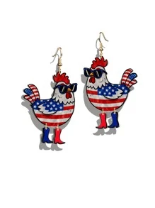 Pink Snail 1 Pair Funny Patriotic 4th Of July Statement Earrings - Lip, Heart, Hat, Rooster With Sunglasses Chicken Asymmetrical Dangle Earrings, For Women Girls Summer Winter Vacation Holiday Beach Party Gift