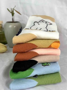 6 pares de calcetines medianos de mujer cómodos y versátiles con estampado de animales de dibujos animados, de uso regular casual, de tela suave, para primavera/verano/otoño
