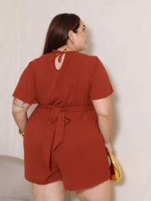 Plus Size Jumpsuit Loose Comfortable Short Romper - Rust Brown - View 4
