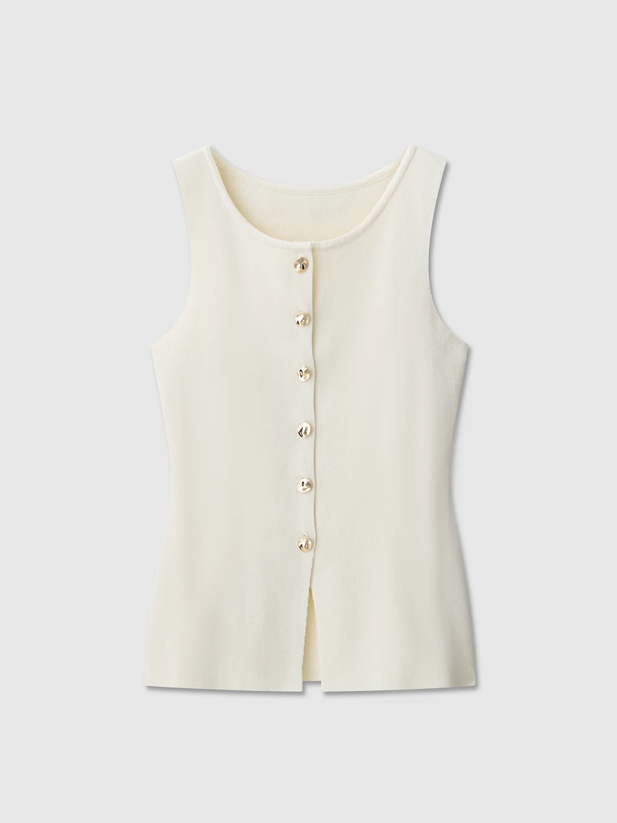 Women Button Embellished Solid Color Knit Vest - Beige - View 1
