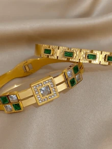 Bộ vòng tay bằng thép không gỉ mạ vàng 18K, kiểu dáng cắt kim cương, sang trọng dành cho nữ, đính ngọc lục bảo và họa tiết hoa cổ điển, quà tặng Ngày của Mẹ, Giáng sinh, Lễ Tạ ơn, Halloween, trang sức cưới, phù hợp cho tiệc tùng/dạ hội/tụ họp/mặc hàng ngày, kỷ niệm, Ngày Valentine, trang sức phong cách Boho, sinh nhật, quà tặng cho phù dâu. - Nhiều màu - Xem 4