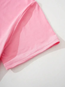 Camiseta gráfica de mujer de manga corta con cuello redondo, de moda con estampado de corazón, para uso diario casual - Rosa - Ver 2