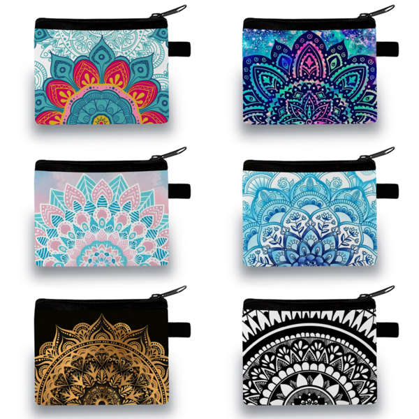 Stylish Mandala Print Zipper Pouch - Lightweight Durable Polyester Coin Purse With Vibrant Floral Design, Hand Washable & Zipper Closure For Boys & Girls (Black), Mini Purse