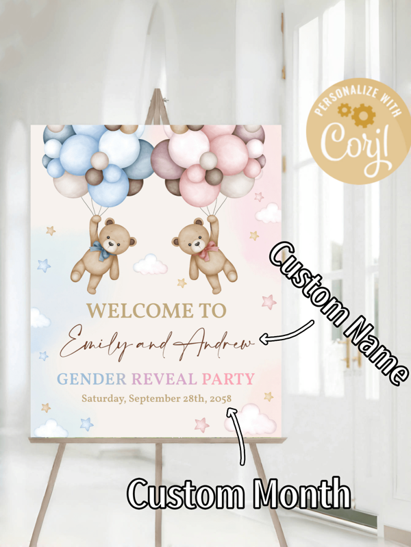 Customized Teddy Bear Gender Reveal Welcome Sign Pink And Blue Bear Baby Shower Poster He Or She Yard Sign Neutral Party Porch Door EDITABLE ﻿ Back To School