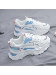 Zapatos deportivos de suela gruesa para mujer, modernos y versátiles, con suela plana de malla transpirable, antideslizantes y con cordones que absorben los golpes para caminar al aire libre. - Azul - Ver 2